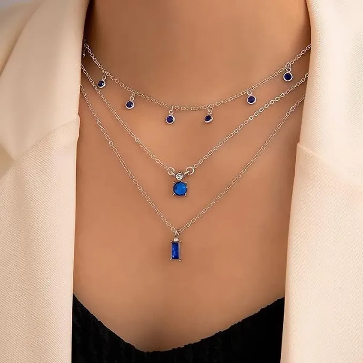 2 Gargantilla apilada de plata con diamantes de imitación, collar de capas de vidrio azul para mujeres collares de fiesta de graduación