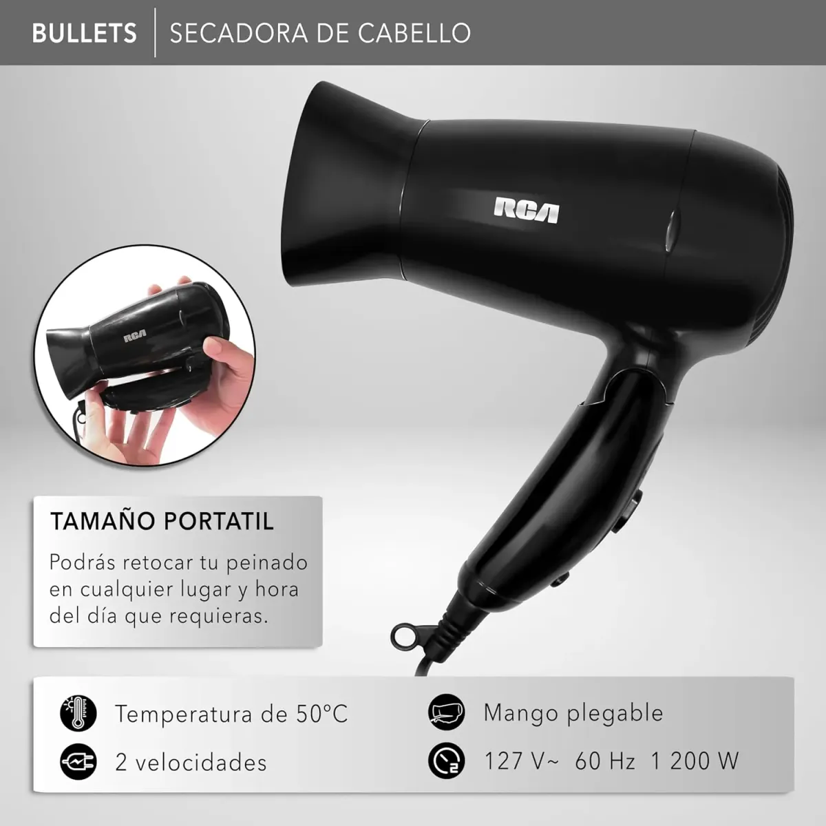 RCA Secadora de Cabello RC-P8 con Boquilla Desmontable, Mango Plegable, Tecnología Iónica, 50 °C, Compacta y Potente, Ideal para Viaje, Secado Rápido y Preciso, Perfecta para Cuidado del Cabello