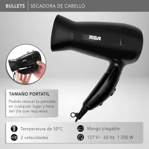 RCA Secadora de Cabello RC-P8 con Boquilla Desmontable, Mango Plegable, Tecnología Iónica, 50 °C, Compacta y Potente, Ideal para Viaje, Secado Rápido y Preciso, Perfecta para Cuidado del Cabello
