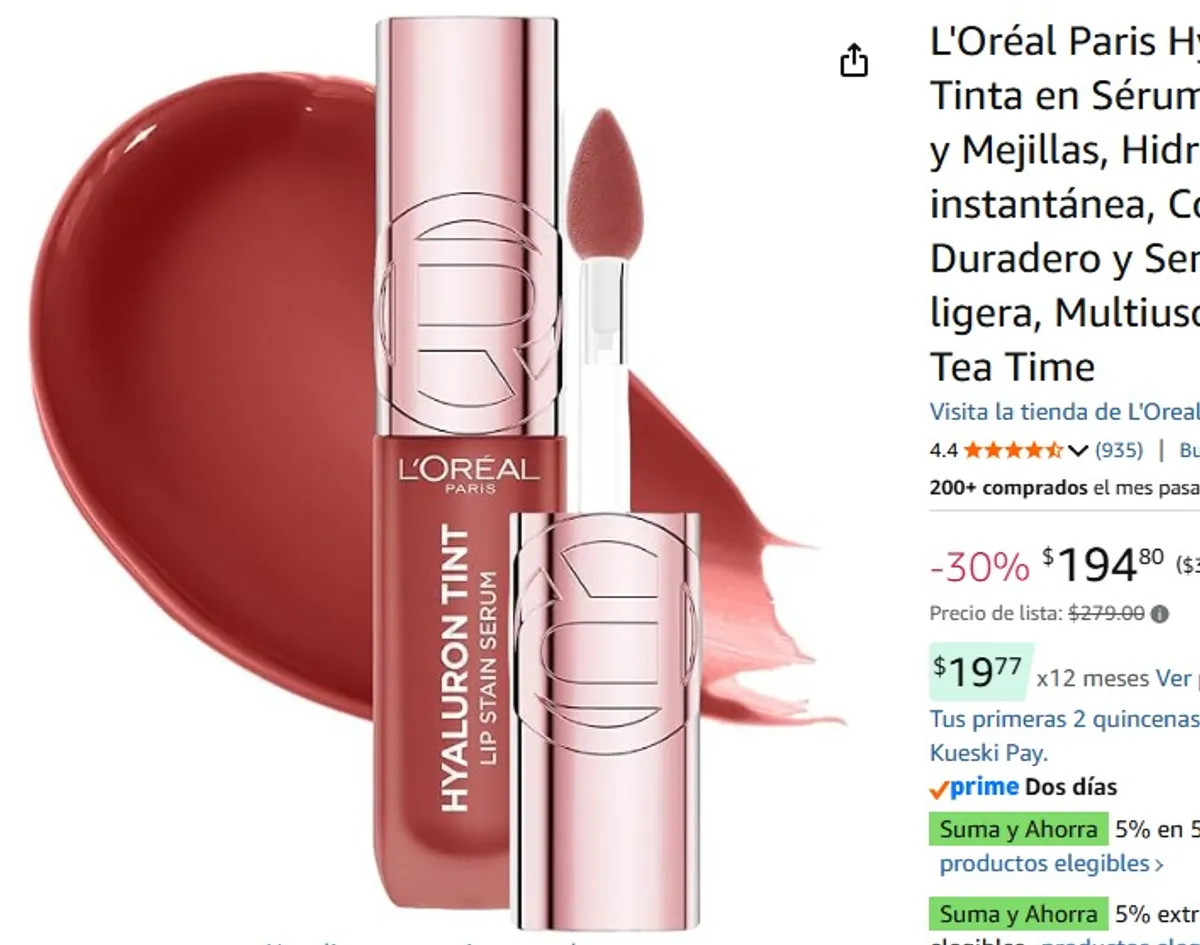 L'Oréal Paris Hyaluron Tint, Tinta en Sérum para Labios y Mejillas, Hidratación instantánea, Color Duradero y Sensación ligera, Multiusos, Tono 640 Tea Time