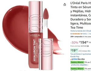 L'Oréal Paris Hyaluron Tint, Tinta en Sérum para Labios y Mejillas, Hidratación instantánea, Color Duradero y Sensación ligera, Multiusos, Tono 640 Tea Time