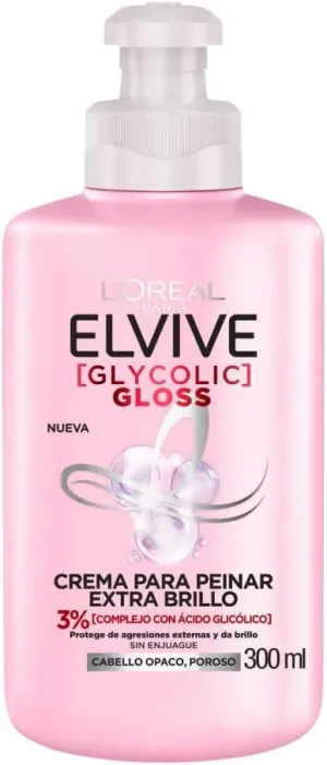 L'Oreal Paris, Elvive Crema Glycolic Gloss Para Peinar, Con Ácido Glicólico, 300 Ml, 1 Unidad