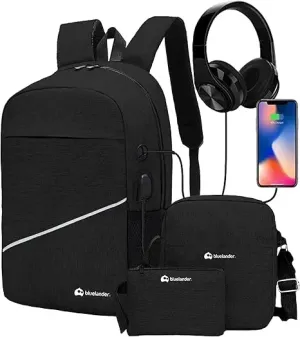 Bluelander Mochila Antirrobo para Laptop con Mochila Cruzada y Lapicera, 3 Piezas, Impermeable y Transpirable con Puerto USB para Power Bank y Puerto para Audífonos