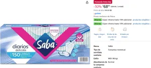Saba Protectores Diarios Largos, 150 piezas