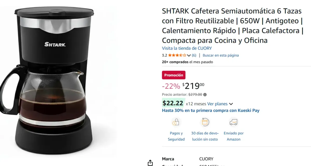Cafetera Semiautomática 6 Tazas con Filtro Reutilizable