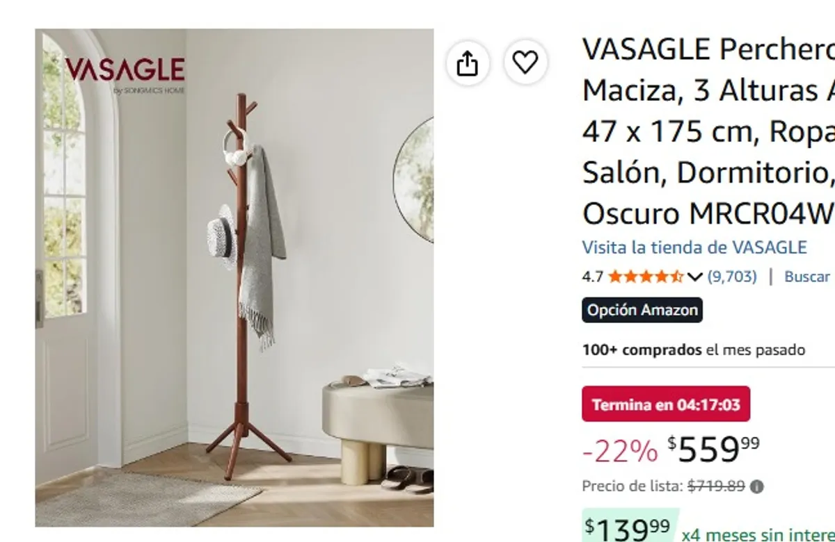 VASAGLE Perchero de Madera Maciza, 3 Alturas Ajustables, 47 x 47 x 175 cm, Ropa, Sombrero, Salón, Dormitorio, Oficina, Nogal Oscuro MRCR04WNV2