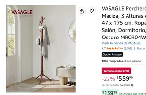 VASAGLE Perchero de Madera Maciza, 3 Alturas Ajustables, 47 x 47 x 175 cm, Ropa, Sombrero, Salón, Dormitorio, Oficina, Nogal Oscuro MRCR04WNV2
