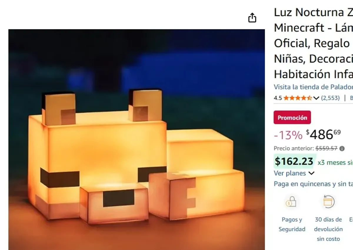 Luz Nocturna Zorro Minecraft - Lámpara Oficial, Regalo para Niños y Niñas, Decoración para Habitación Infantil