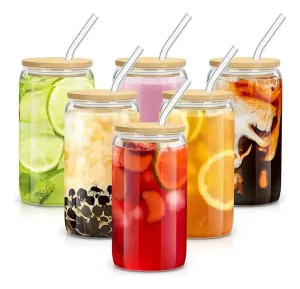 Set De 6 Vasos Lata Vidrio 16oz Con Tapas Bambú Popote 18pz