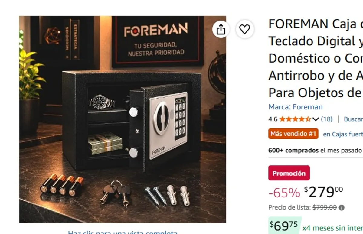 FOREMAN Caja de Seguridad con Teclado Digital y Llave | Uso Doméstico o Comercial | Pequeña, Antirrobo y de Alta Resistencia | Para Objetos de Valor