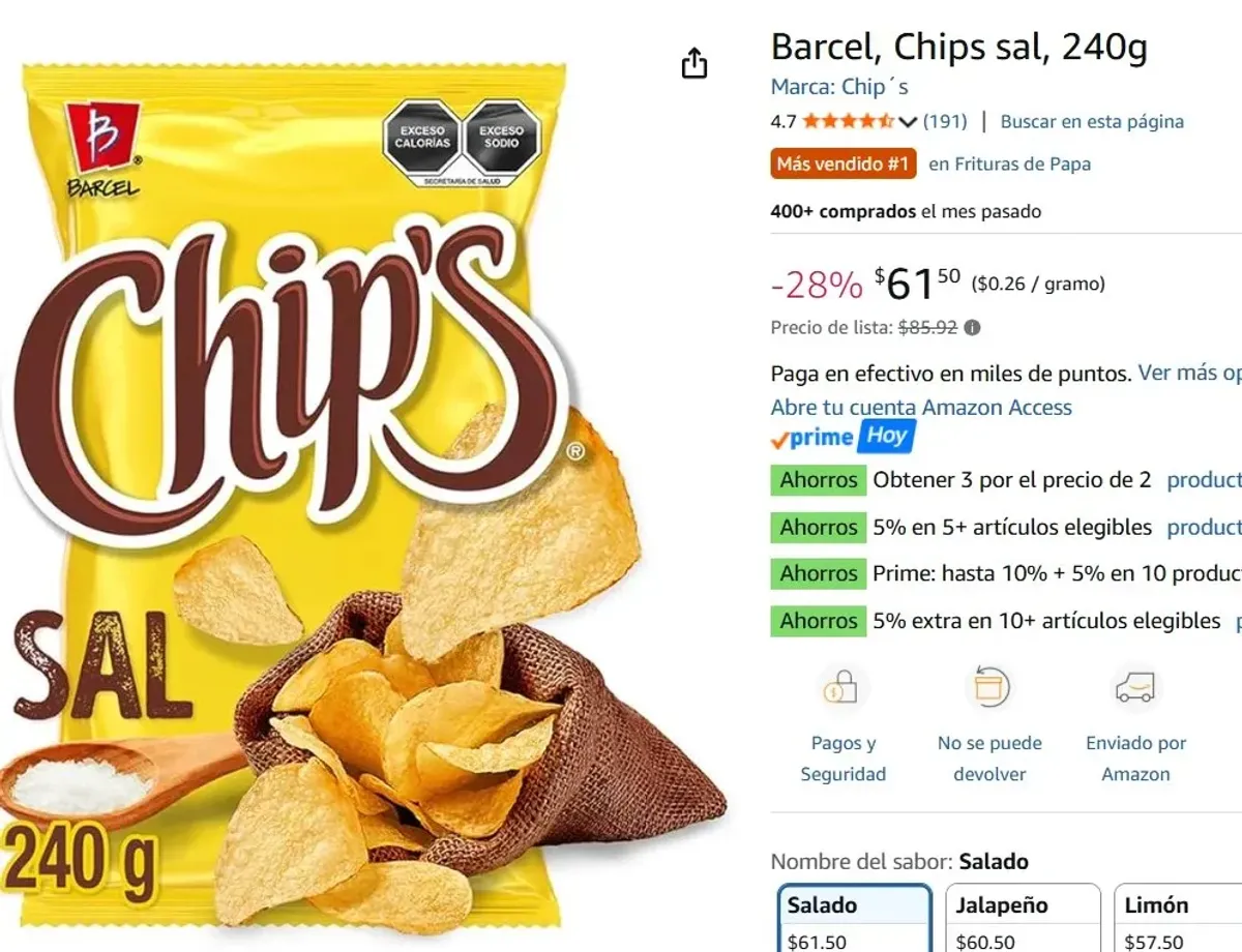 PA BOTANEAR EN LOS PARTIDOS!!! Y SE VAN AL 3X2 ASI QUE APROVECHA YAA!!! Barcel, Chips sal, 240g   