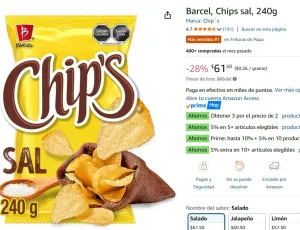 PA BOTANEAR EN LOS PARTIDOS!!! Y SE VAN AL 3X2 ASI QUE APROVECHA YAA!!! Barcel, Chips sal, 240g   