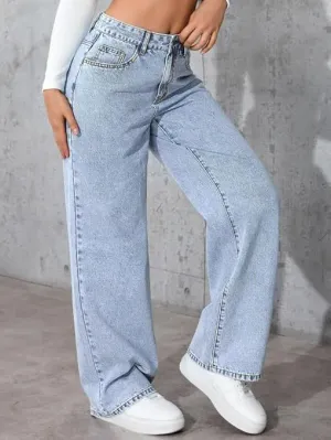 Pantalones de mezclilla elásticos holgados de cintura alta para mujer, pantalones de mezclilla holgados con bolsillos