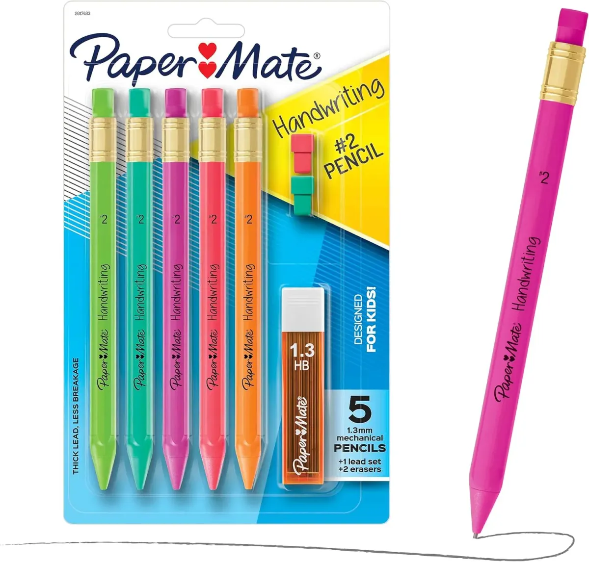 Paper Mate Juego de lápices mecánicos triangulares de escritura a mano con minas y gomas de borrar, 1,3 mm, lápices para niños en divertidos colores de barril, 5 unidades