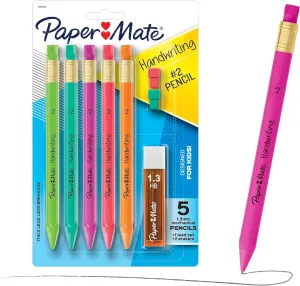 Paper Mate Juego de lápices mecánicos triangulares de escritura a mano con minas y gomas de borrar, 1,3 mm, lápices para niños en divertidos colores de barril, 5 unidades