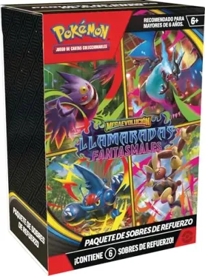 Pokémon Paquete de Sobres de Refuerzo de Megaevolución-Llamaradas Fantasmales de JCC Producto en Español de Lationamerica
