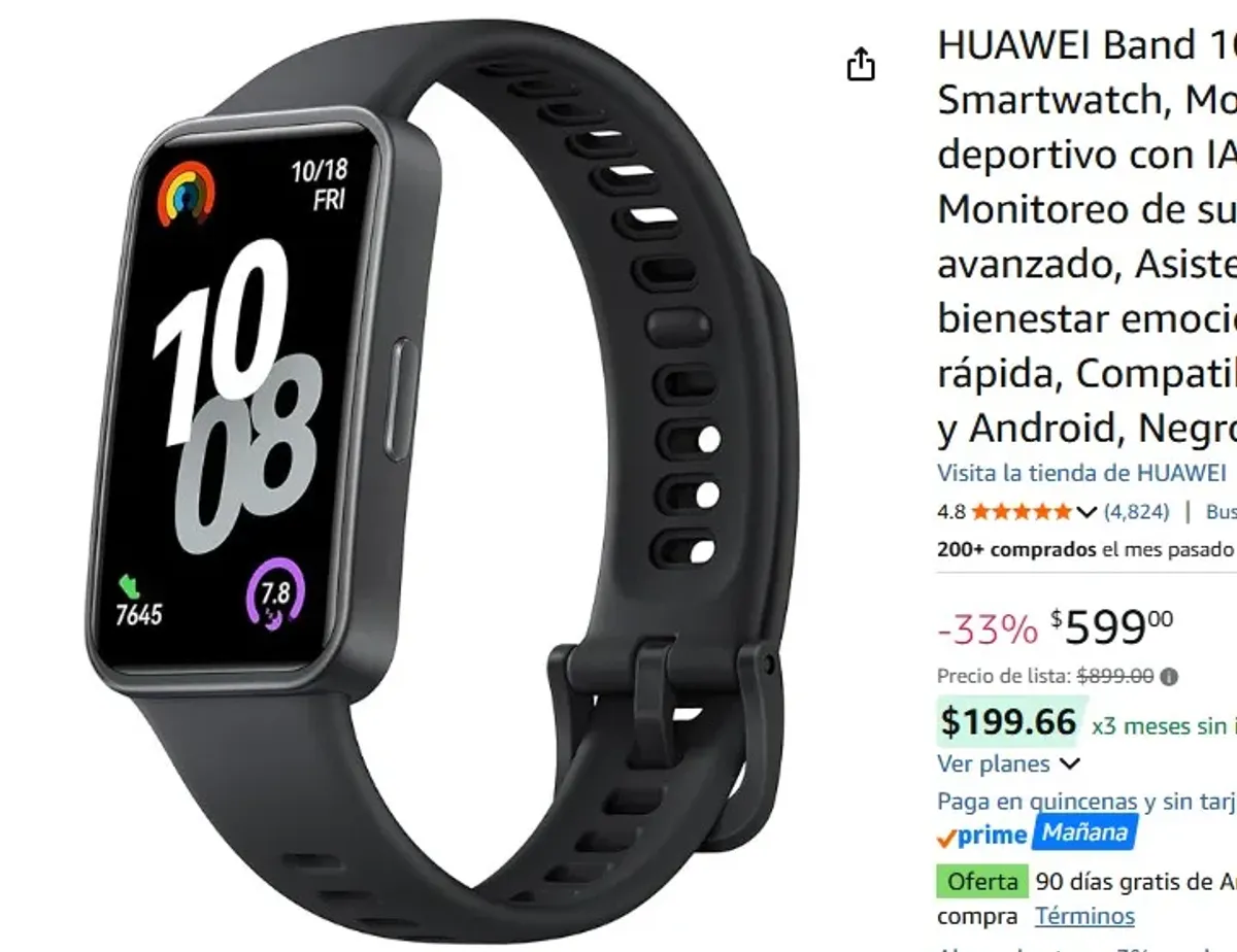HUAWEI Band 10 Smartwatch, Monitoreo deportivo con IA, Monitoreo de sueño avanzado, Asistente de bienestar emocional, Carga rápida, Compatible con iOS y Android, Negro Polimero