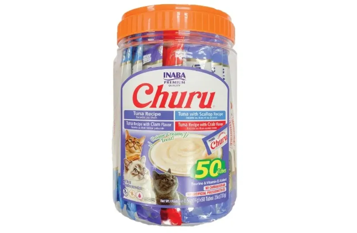 Churu Inaba Premios para Gato, Mix Recetas de Atún, Delicioso Puré Cremoso Bajo en Calorías, 50pzs