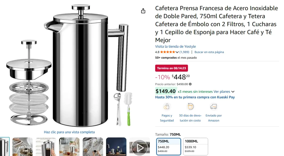 Cafetera de Acero Inoxidable  2 Filtros, 1 Cucharas y 1 Cepillo de Esponja 