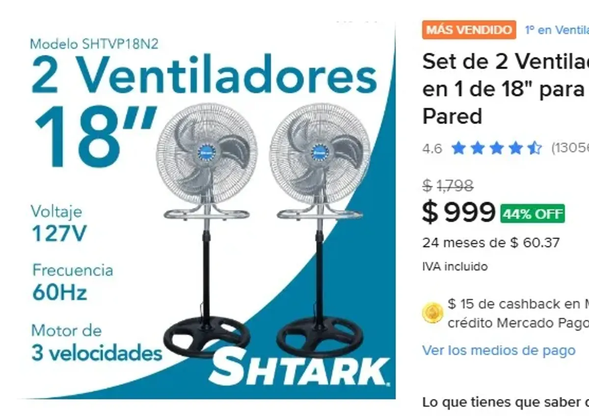 Set de 2 Ventiladores SHTARK 3 en 1 de 18" para Pedestal, Piso o Pared