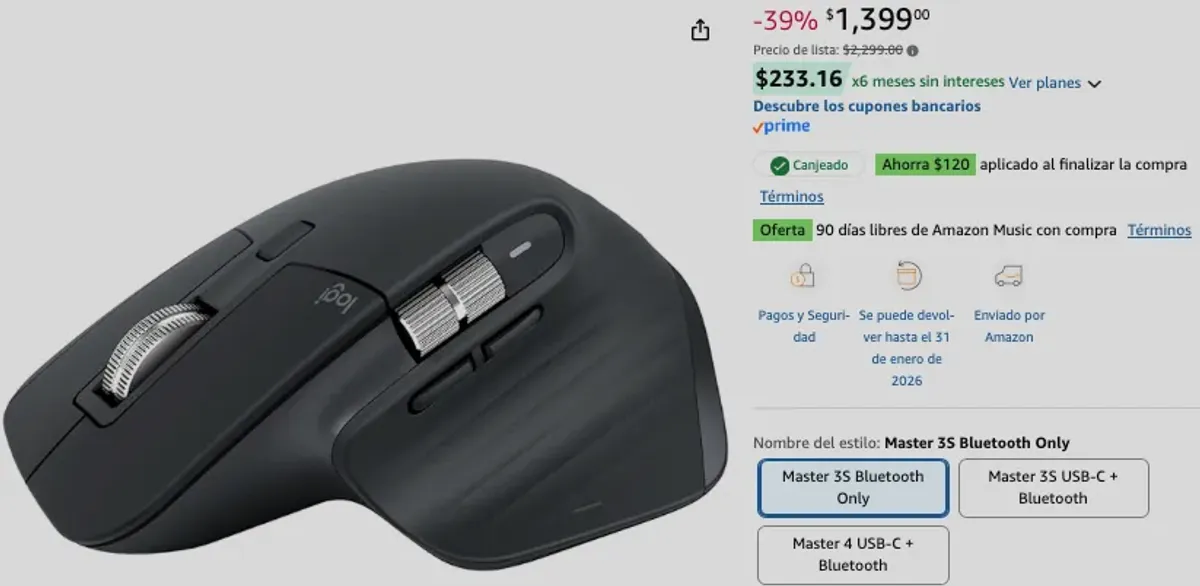 Logitech MX Master 3S Mouse Inalámbrico de Desempeño, Scrolling Ultra-rápido, 8K dpi, Seguimiento sobre Vidrio, Clics Silenciosos - Bluetooth Edition - Color Grafito Lite