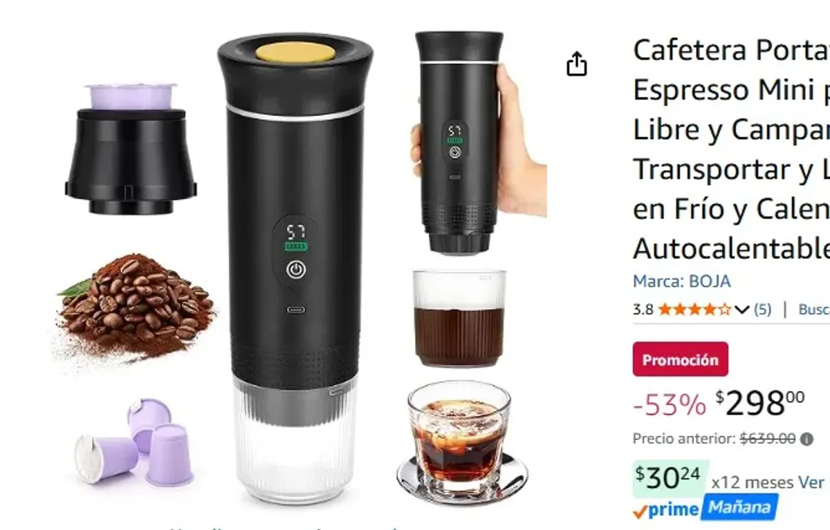 Cafetera Portatil, BOJA Cafetera Espresso Mini para Viajes al Aire Libre y Campamentos, Fácil de Transportar y Limpiar, con Infusión en Frío y Calentamiento Autocalentable (Negro)