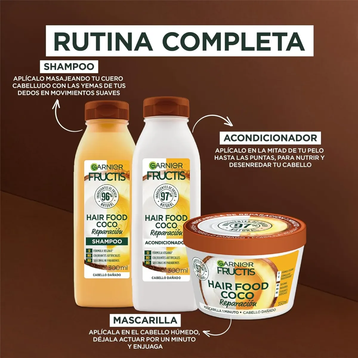 Kit Garnier Fructis Hair Food Coco Rutina Completa, Reparación Profunda para el Cabello Dañado, Shampoo 300 ml, Acondicionador 300 ml y Mascarilla 350 ml