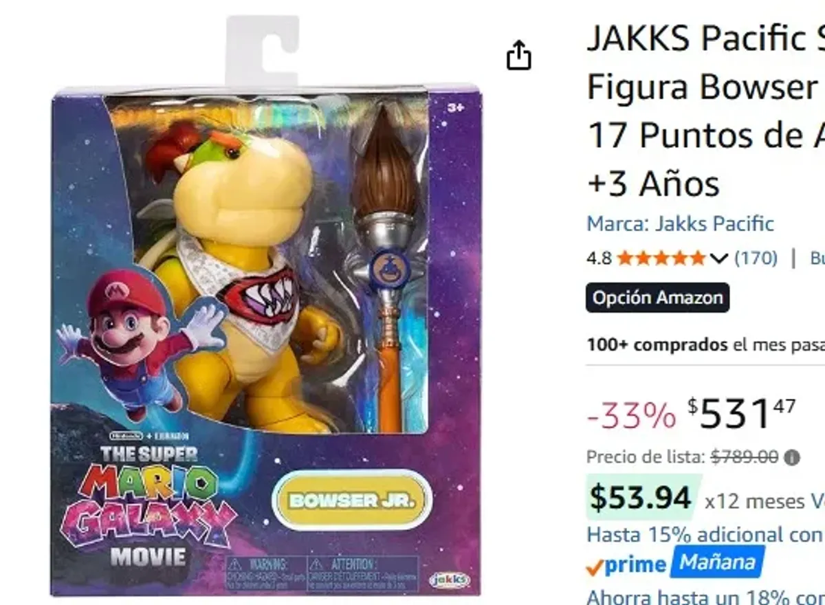 JAKKS Pacific Super Mario Galaxy Movie Figura Bowser Jr. 5 Pulgadas con Pincel, 17 Puntos de Articulación, Coleccionable, +3 Años