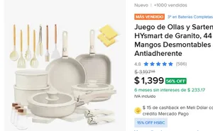 Juego de Ollas y Sartenes HYsmart de Granito, 44 Piezas con Mangos Desmontables y Antiadherente