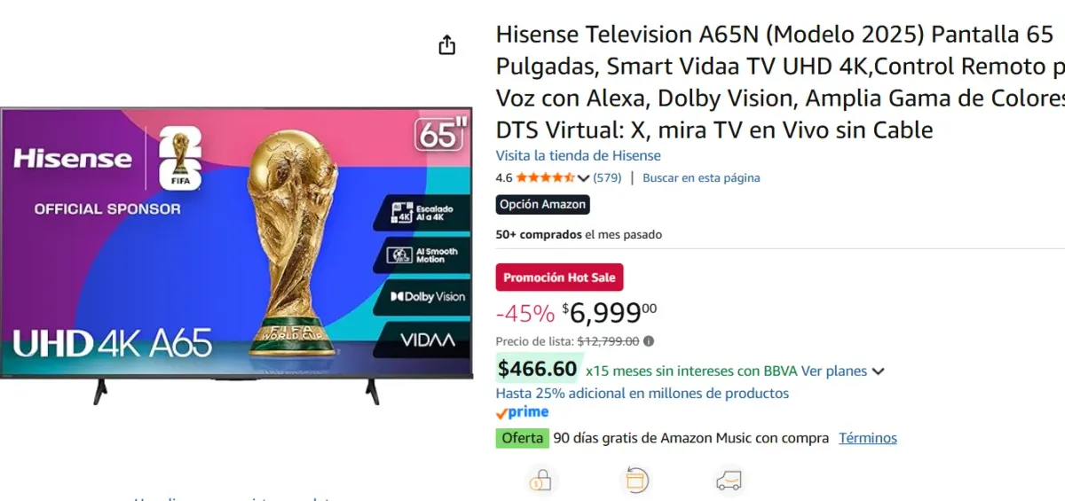 Hisense Television 65 Pulgadas, Smart TV 