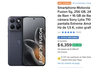 Smartphone Motorola Edge 70 Fusion 5g, 256 GB, 24 GB (8 GB de Ram + 16 GB de Ram Boost), cámara Sony Lytia 710 de 50 MP, pantalla Extreme Amoled de 144 Hz de 1,5 K, color grafito