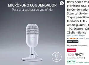 Razer Seiren V3 Mini Micrófono USB: Micrófono De Condensador - Supercardioide - Sensor De Toque para Silenciar con Indicador LED - Amortiguador - Compacto - PC, Discord, OBS Studio, XSplit - Blanco