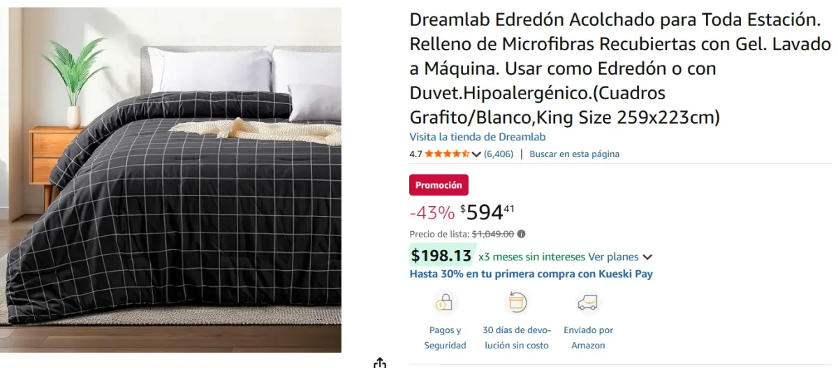 Edredón Acolchado .(Cuadros Grafito/Blanco,King Size 259x223cm)