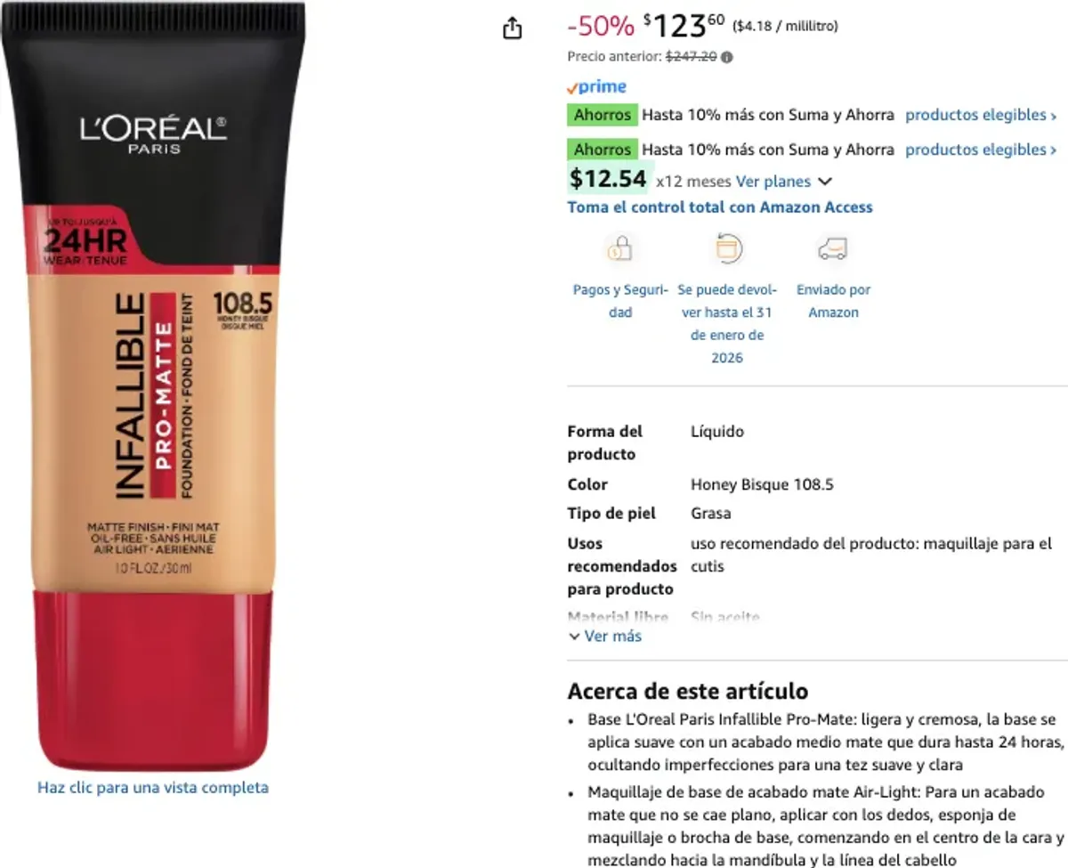 L'Oreal Paris Cosmetics Makeup Infallible Pro-Matte Liquid Longwear Foundation, Honey Bisque 108.5, 1 fl. oz., 108.5 Honey Bisque