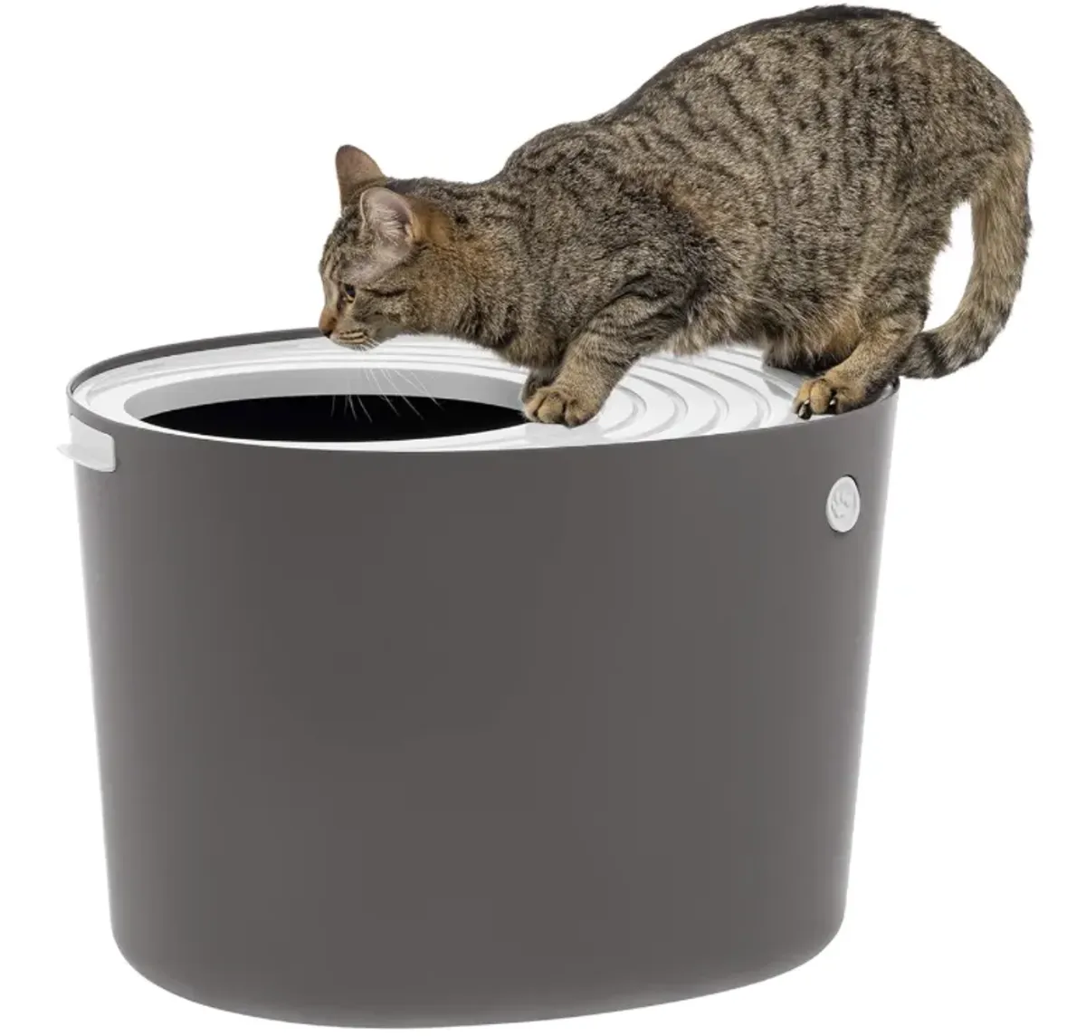 IRIS USA Gran arenero para gatos con entrada superior y pala, elegante caja redonda para gatos, arenero para gatitos, Gris oscuro/Blanco