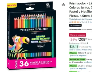 Prismacolor - Lápices de Colores Junior, Colores Pastel y Metálicos, 36 Piezas, 4.0mm, No Tóxicos