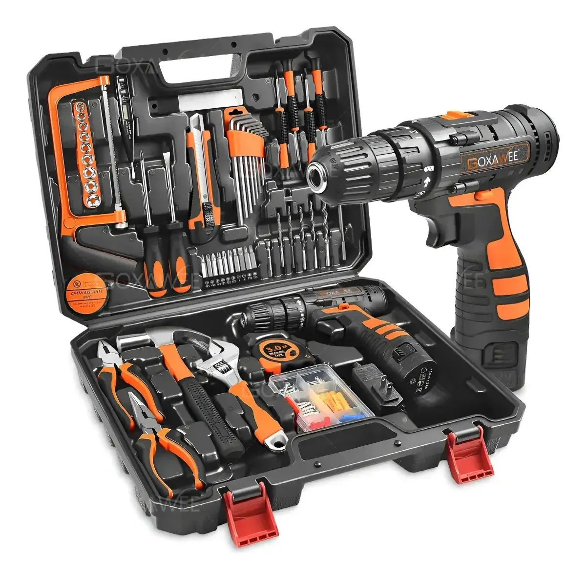 Goxawee Kit Taladro Y Atornillador 2 V 2 Baterías Led Destornillador Inalambrico Kit De Herramientas Manga Caja 112pcs Juego De Herramientas