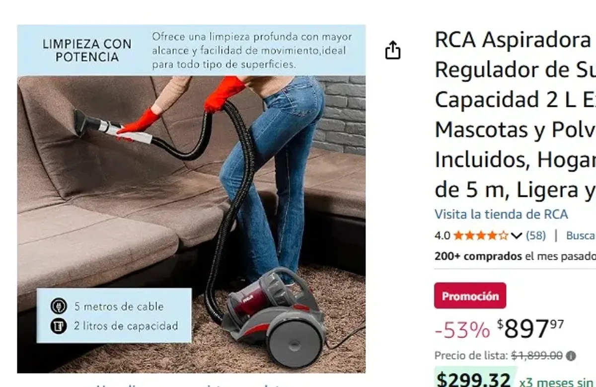 RCA Aspiradora Canister Echo RC-A2, Regulador de Succión, Filtro HEPA, Capacidad 2 L Extraíble, Ideal para Mascotas y Polvo, Accesorios Incluidos, Hogar y Alfombras, Cable de 5 m, Ligera y Portátil