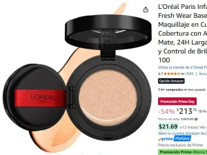 L'Oréal Paris Infallible 24H Fresh Wear Base de Maquillaje en Cushion, Alta Cobertura con Acabado Mate, 24H Larga Duración y Control de Brillo, Tono 100