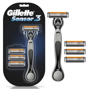 GILLETTE Sensor3, Rastrillo para Afeitar Reutilizable, 1 Mango + 4 Cartuchos con 3 Hojas para Rasurar la Barba, Rasurada al Ras, Rastrillo para Hombre