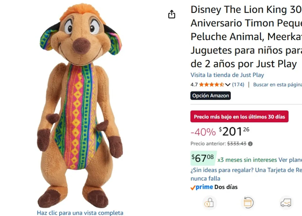Disney The Lion King 30 Aniversario Timon Pequeño Peluche Animal, Meerkat, Juguetes para niños para Edades de 2 años por Just Play
