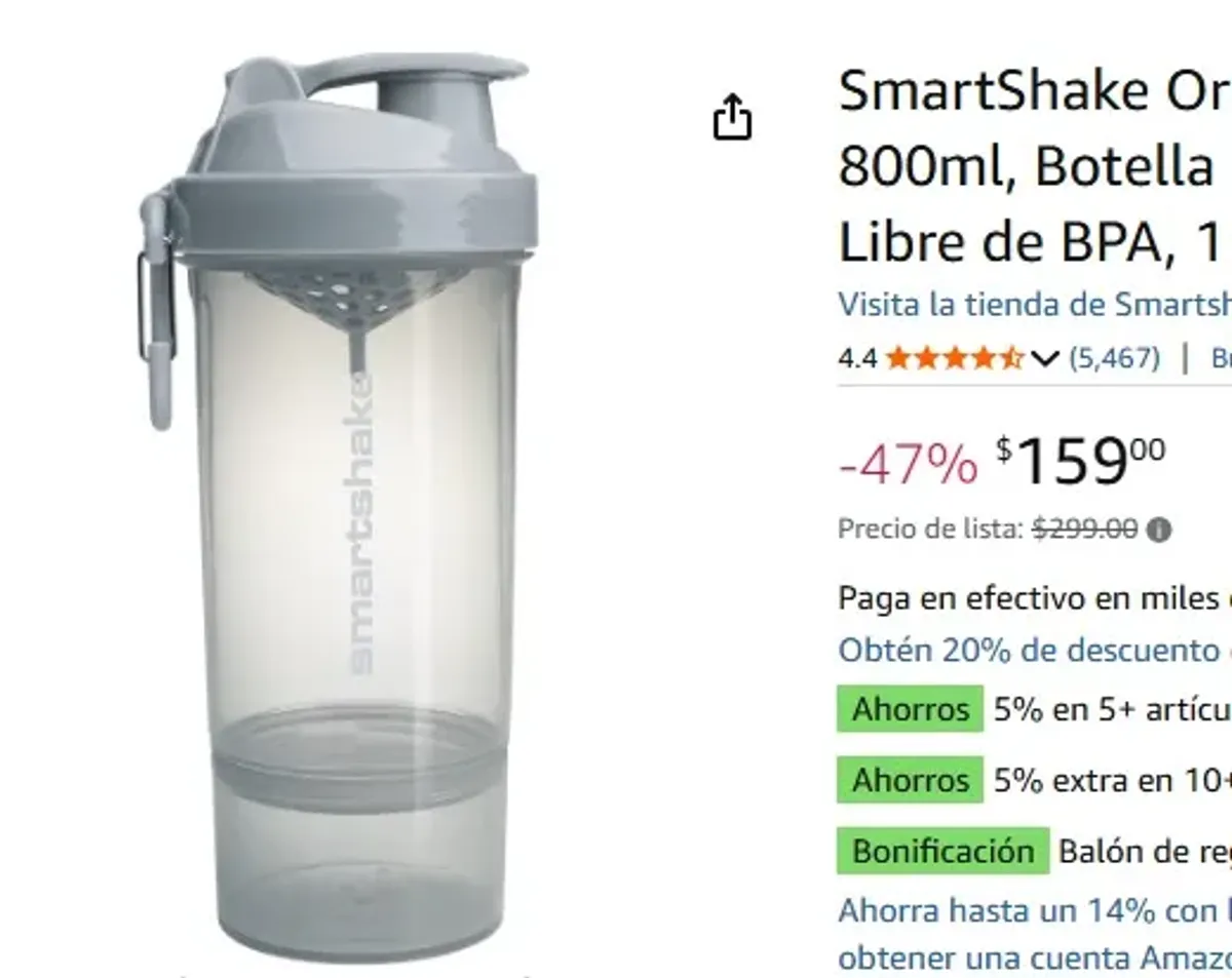 SmartShake Original2GO ONE Gris 800ml, Botella Mezcladora de Proteínas, Libre de BPA, 1 Compartimiento incluído