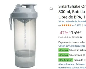 SmartShake Original2GO ONE Gris 800ml, Botella Mezcladora de Proteínas, Libre de BPA, 1 Compartimiento incluído