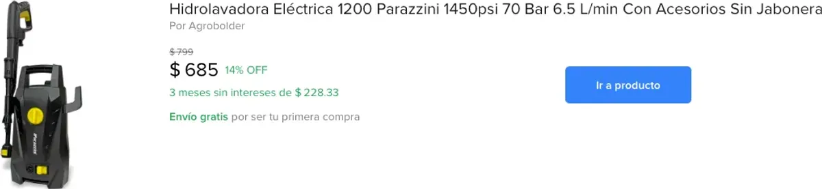 Hidrolavadora Eléctrica 1200 Parazzini 1450psi 70 bar 6.5 l/min con acesorios sin jabonera