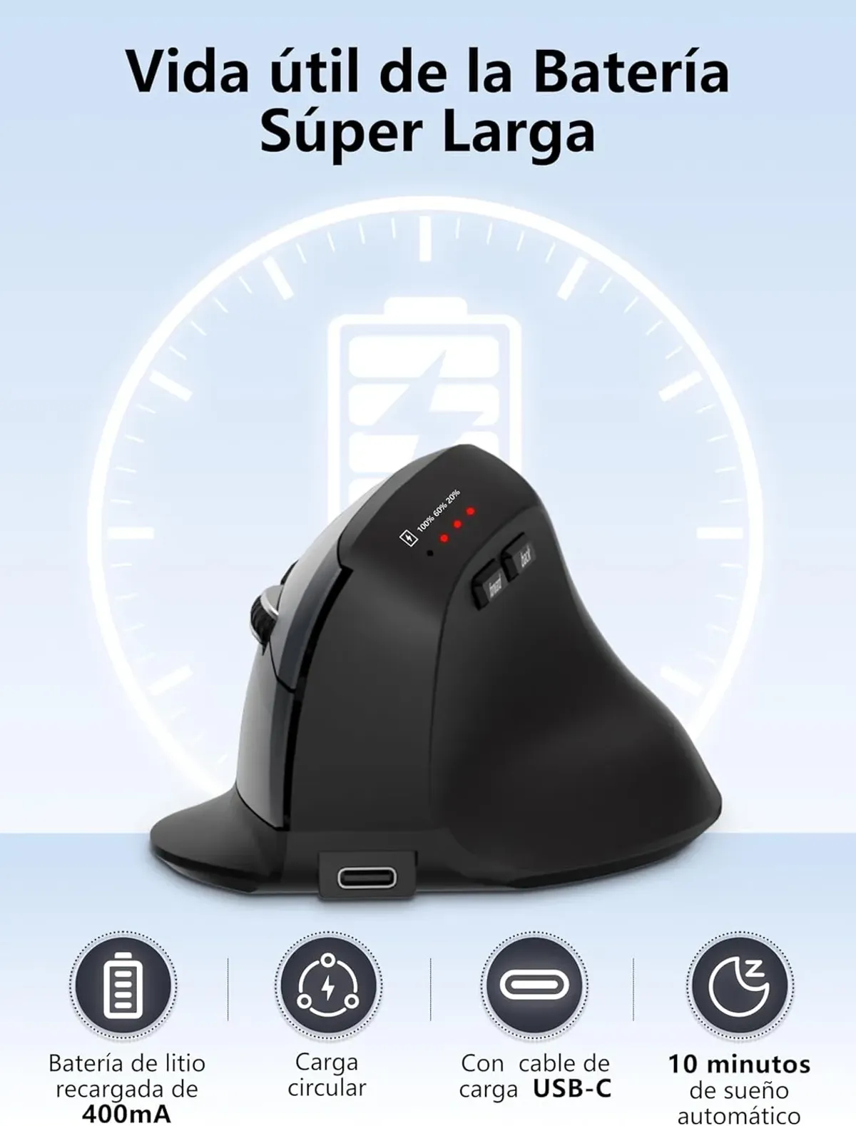Mouse Vertical Bluetooth 5.2, Ratón Inalámbrico Ergonómico Recargable USB C 2.4Ghz con Indicador de Batería, óptico Silencioso Click, 3 Ajustable dpi para Computadora, Portátil, PC, Mac