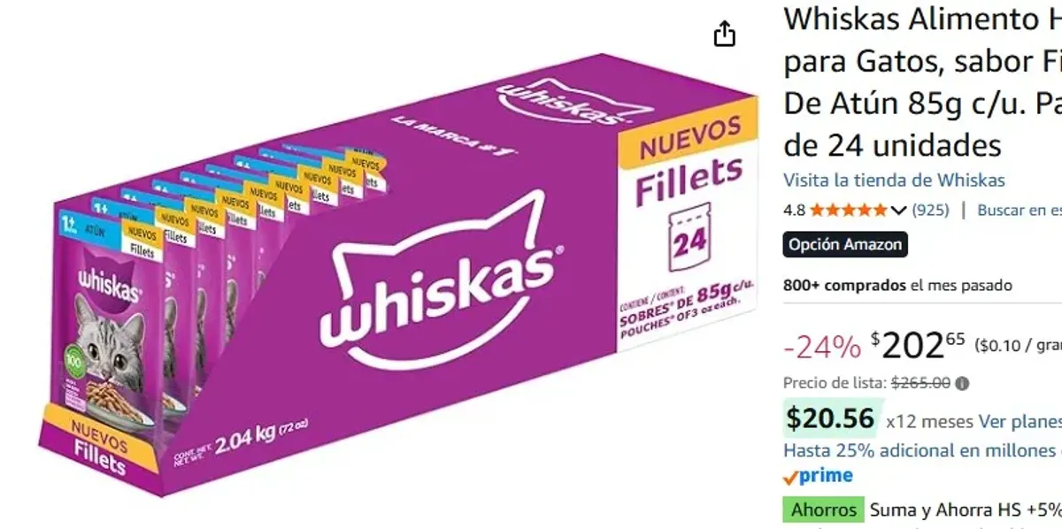 Whiskas Alimento Húmedo para Gatos, sabor Filetes De Atún 85g c/u. Paquete de 24 unidades