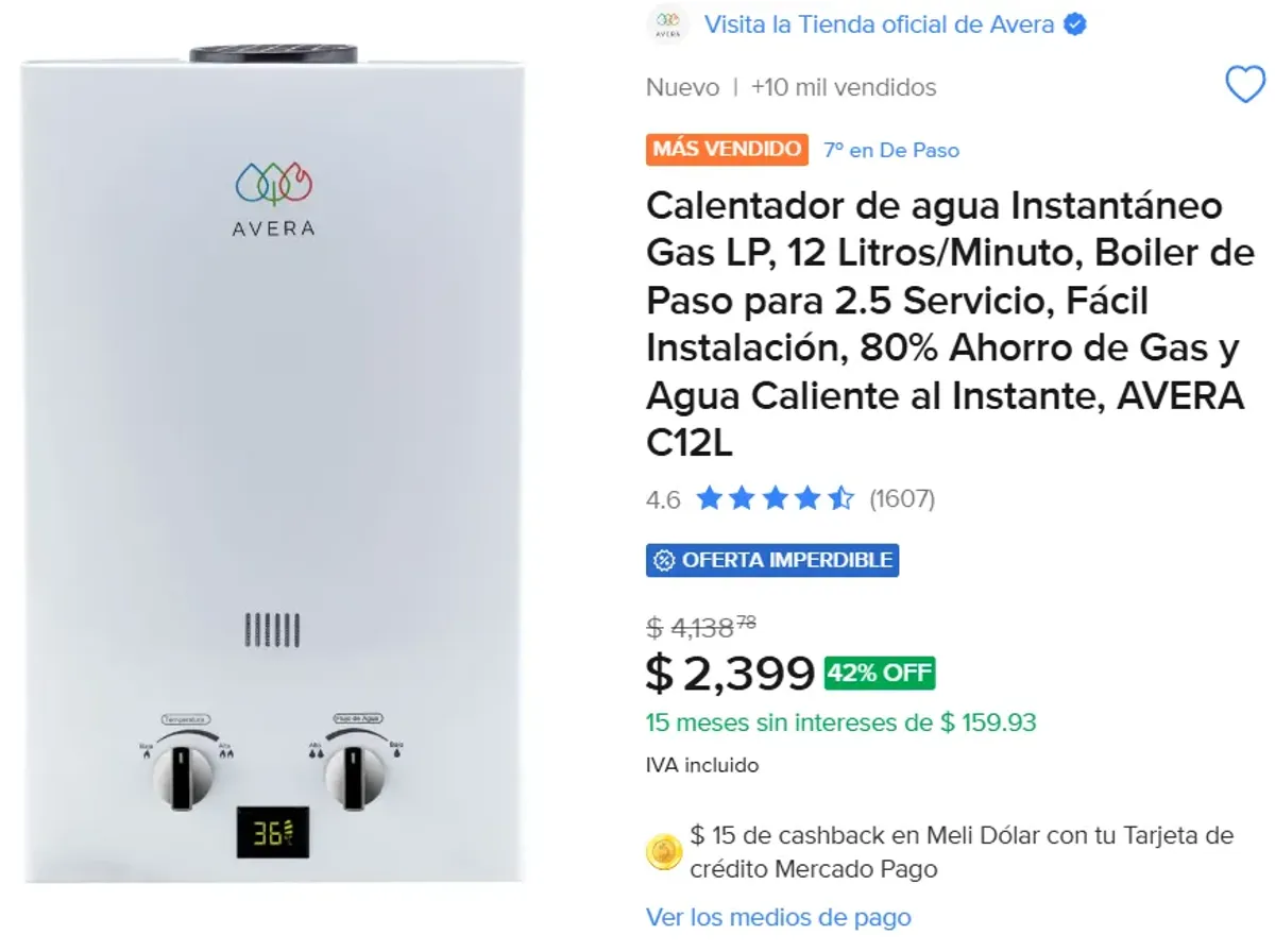 Calentador de agua Instantáneo Gas LP