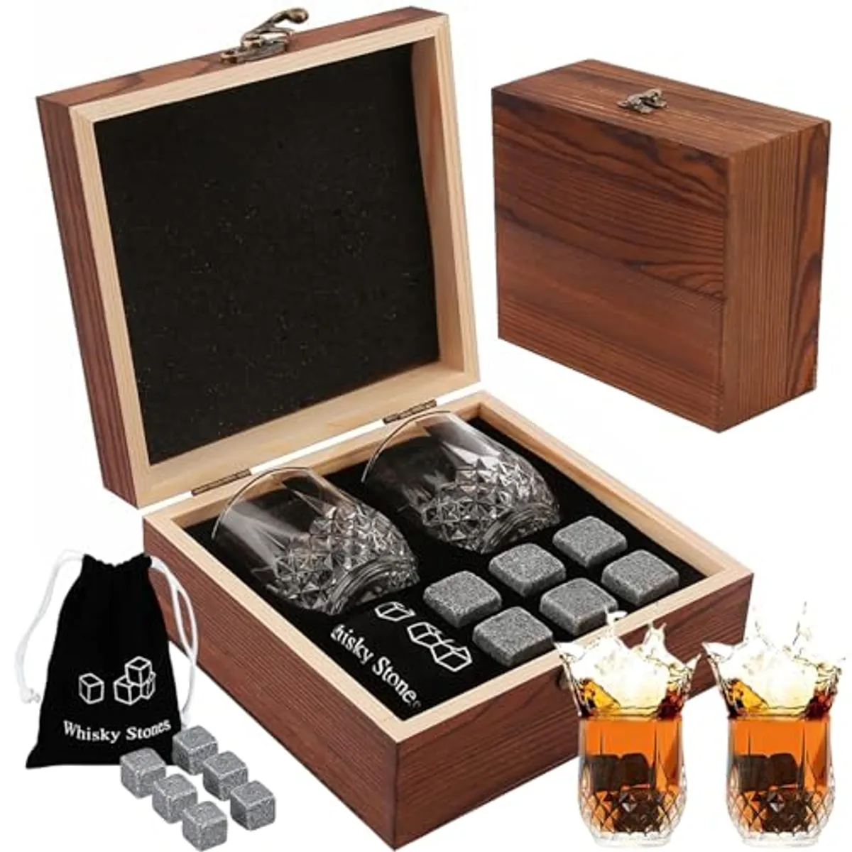 NANCHU Juego de Vasos para Whisky Set de Regalo con Whisky,Gift Set con 2 Vasos 6 Piezas de Piedra de Whisky y Bolsa, Pinzas de Acero Caja de Madera de Pino, para Cognac, Vodka, Bourbon,Cocktai (T-1)