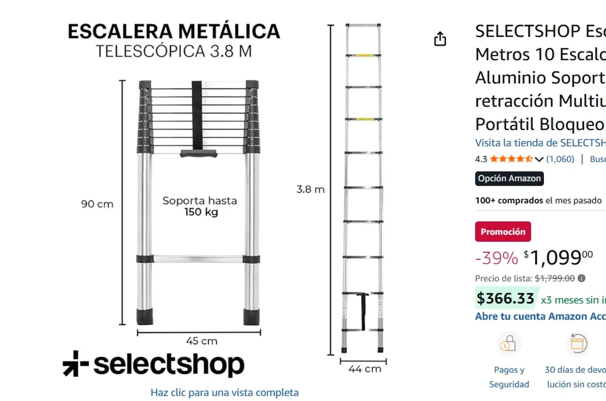 Escalera Telescópica de 3.8 Metros 10 Escalones 