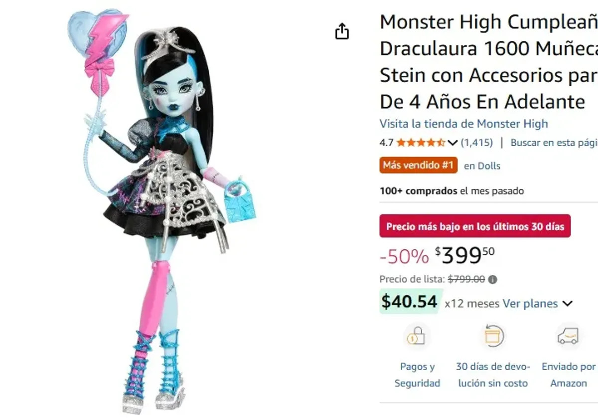 Monster High Cumpleaños Draculaura 1600 Muñeca Frankie Stein con Accesorios para Niñas De 4 Años En Adelante
